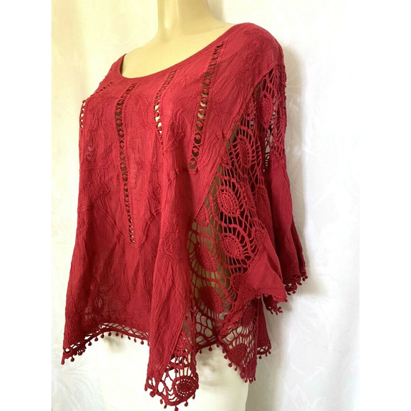 Coco + Carmen Top Embroidered Short Sleeve Relaxed Fit Red Lace Round Ne… - Picture 3 of 4